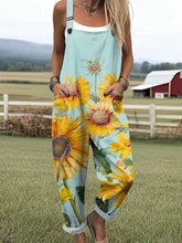 Women's Lovely Sunflowers Pattern Art Print Casual Cotton Linen Wide Leg Jumpsuit